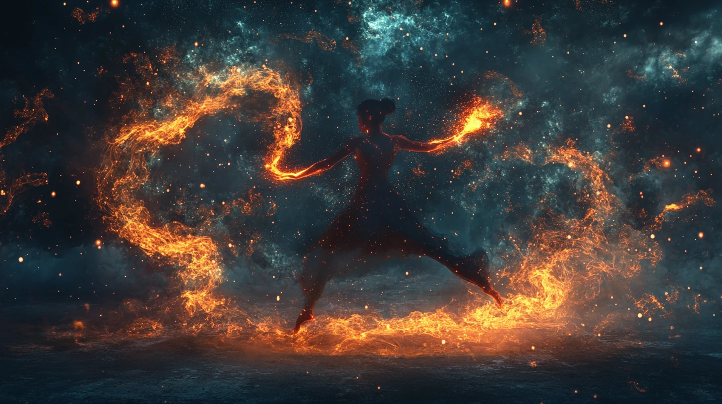 Surrealer Tänzer, der eine Welt aus Feuer und Nebel teilt