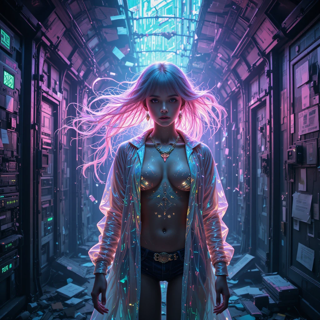 Donna cyberpunk surreale in un caveau di dati futuristico sommerso