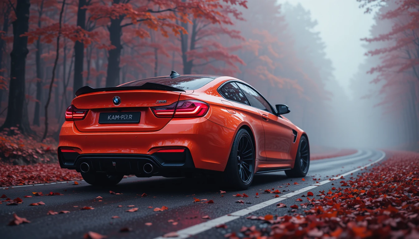 안개 낀 숲길 위 네온 오렌지 BMW 스포츠카