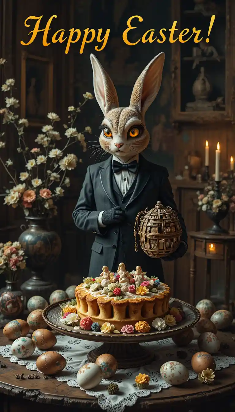 Bolo de Páscoa festivo com flores, anjos e ovos coloridos