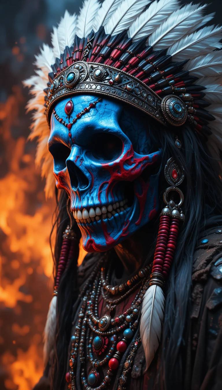 Caveira tribal em chamas com penas e pintura de guerra