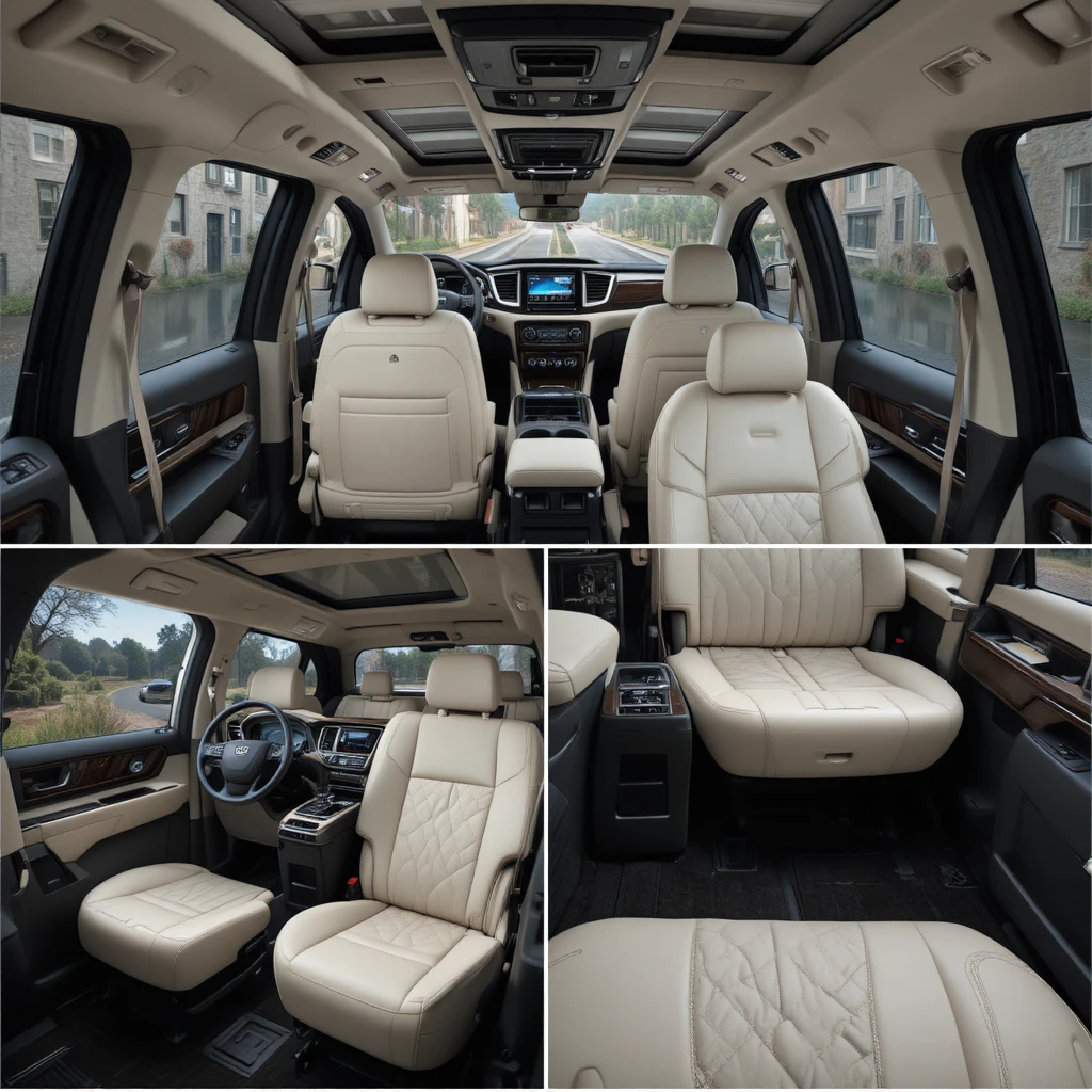 Luxury minivan exterior with collage of elegant interior details