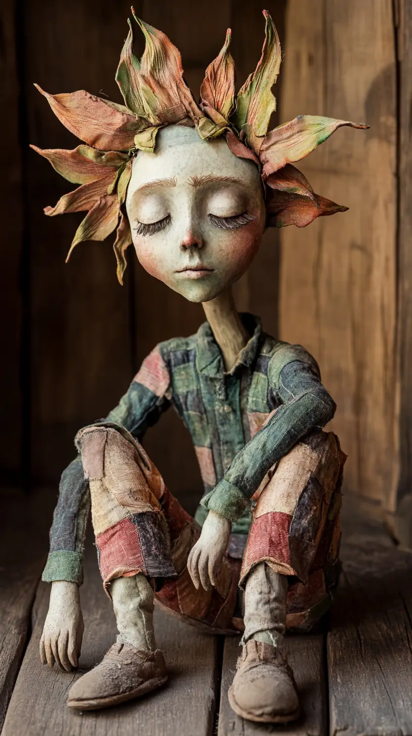 Figura surreal melancólica com cabeça de flor murcha