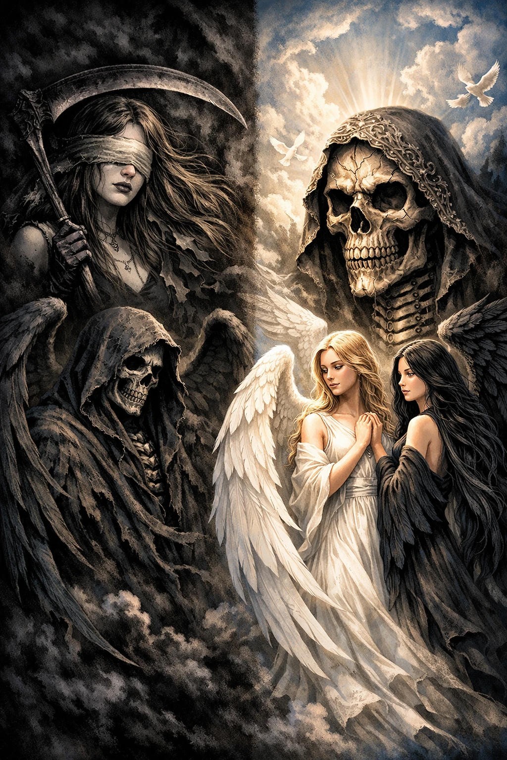 Anges et figures de la mort dans une composition inquiétante et équilibrée