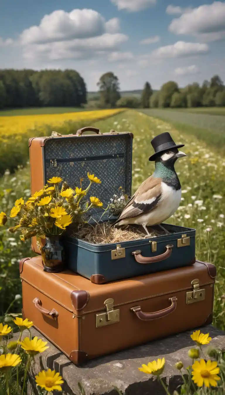 Bird with suitcase and hat in wildflower field