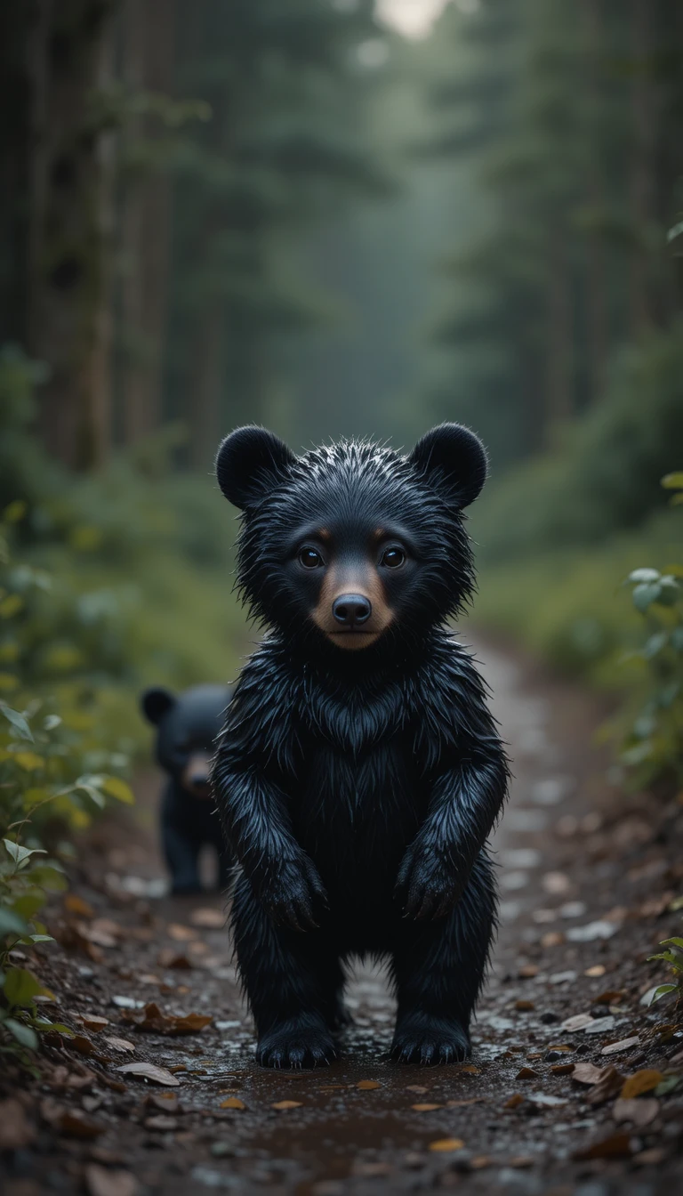 Ourson mouillé dans une forêt calme au crépuscule
