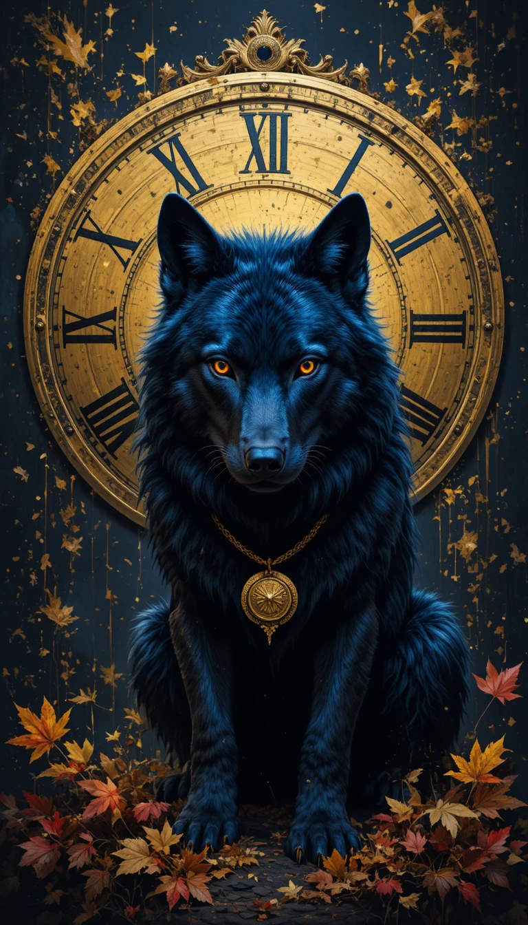 Black wolf before a glowing golden clock with autumn leaves