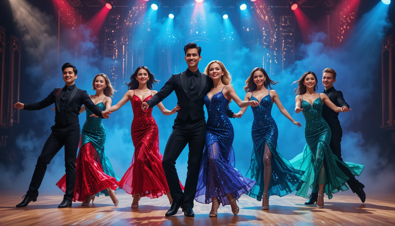 Ballroom dancers performing energetic synchronized routine on stage