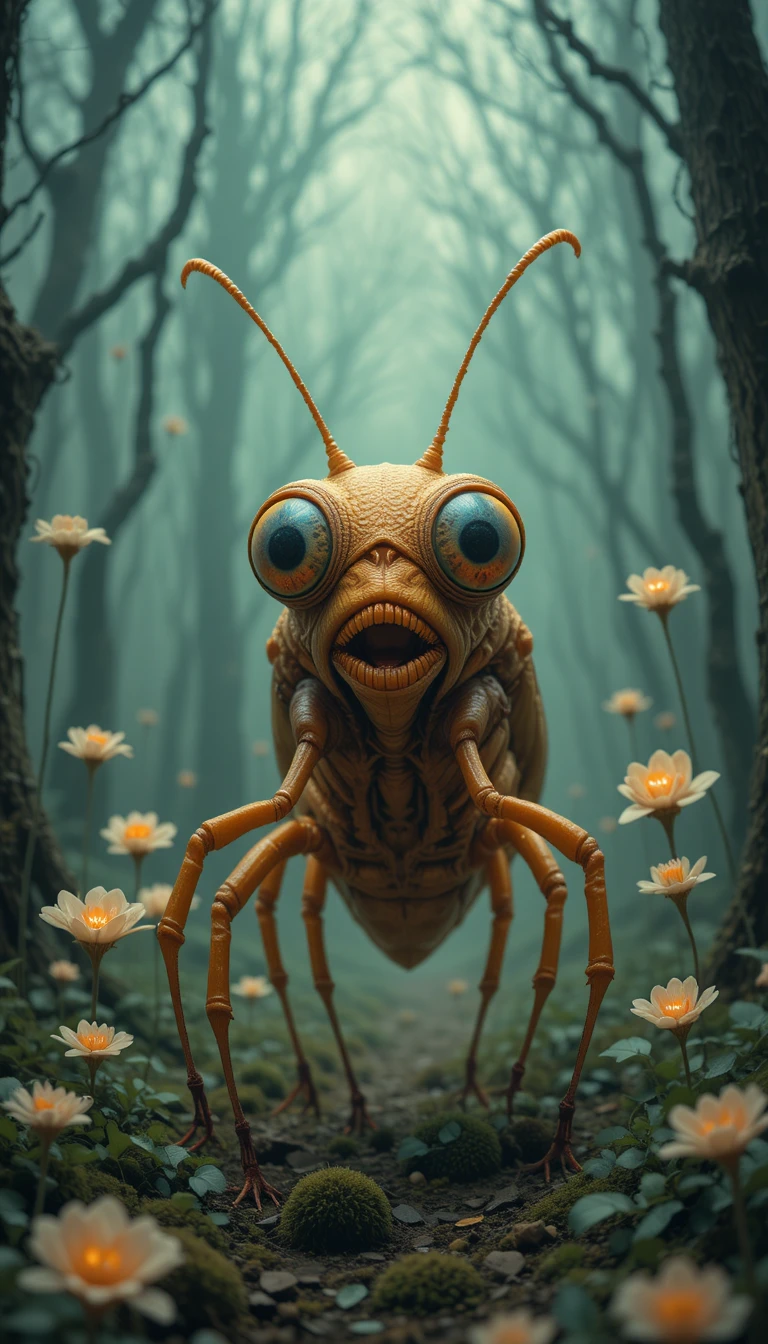 Insecte surréaliste aux yeux immenses dans une forêt brumeuse