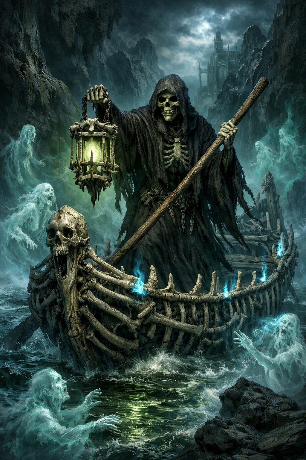 Ceifador remando um barco de ossos no rio Estige