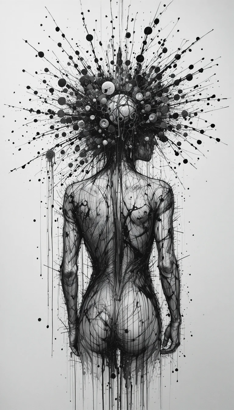 Silhouette de dos abstraite avec tête qui explose en encre