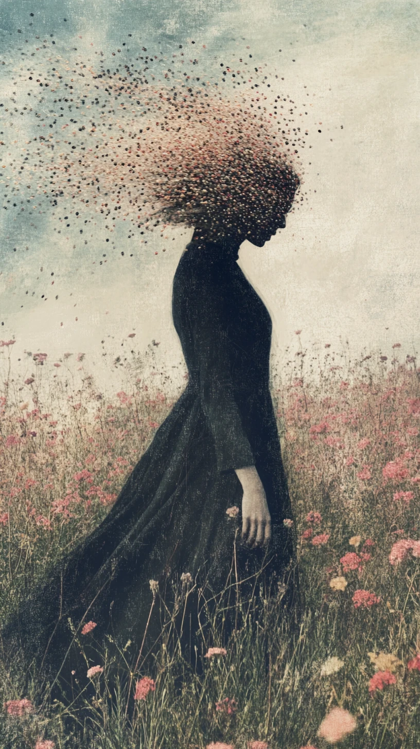 Woman dissolving in a dreamy embroidered landscape