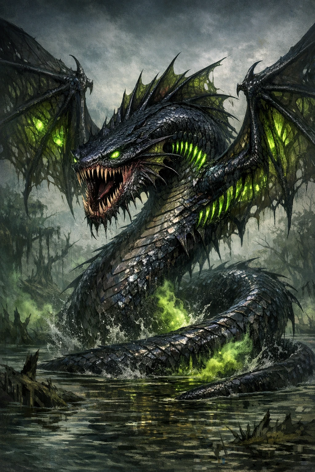Geflügelter Sumpfdrache mit leuchtenden Adern und rasiermesserscharfen Zähnen