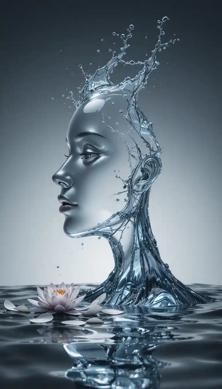 Stylized water splash forming a luminous human facial profile
