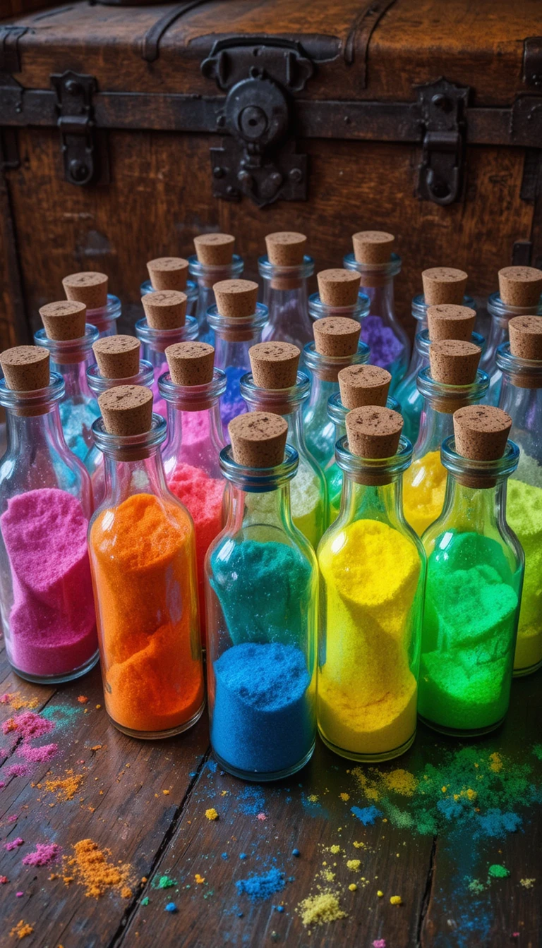 Bottiglie di vetro piene di sabbia colorata su un tavolo di legno rustico