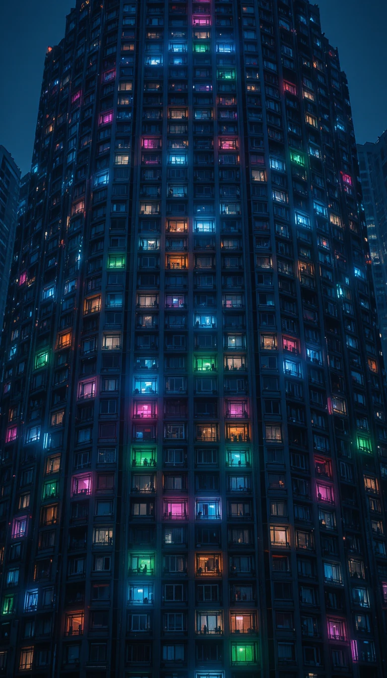 Ventanass de apartamentos coloridas brillando en una fachada monolítica