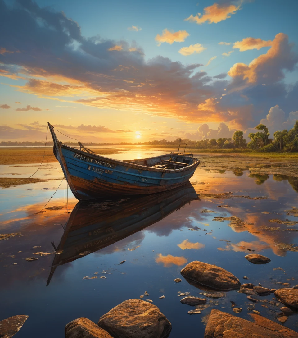 Barco de pesca abandonado no rio Orinoco ao pôr do sol colorido