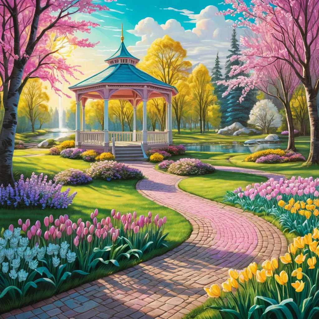 Spring park path with flowers and sunbeams illustration
