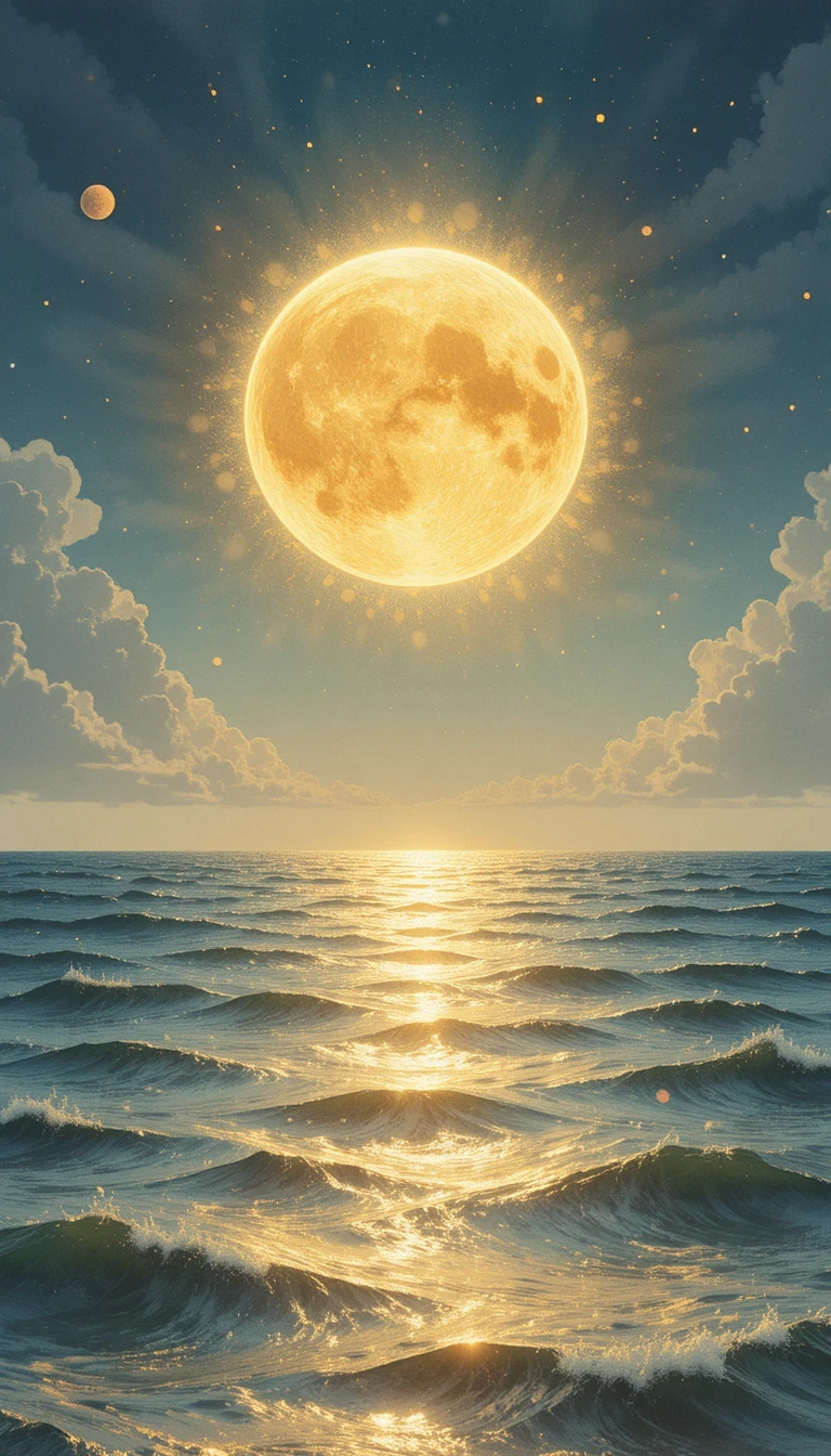 Aquarela digital tranquila com orbes brilhantes sobre o oceano