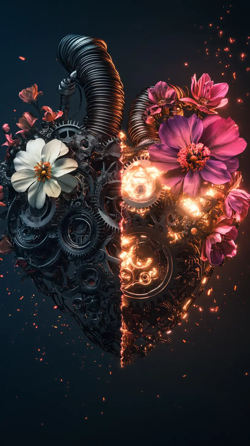 Cœur surréaliste de fleurs et d’engrenages irradiant une lumière intérieure