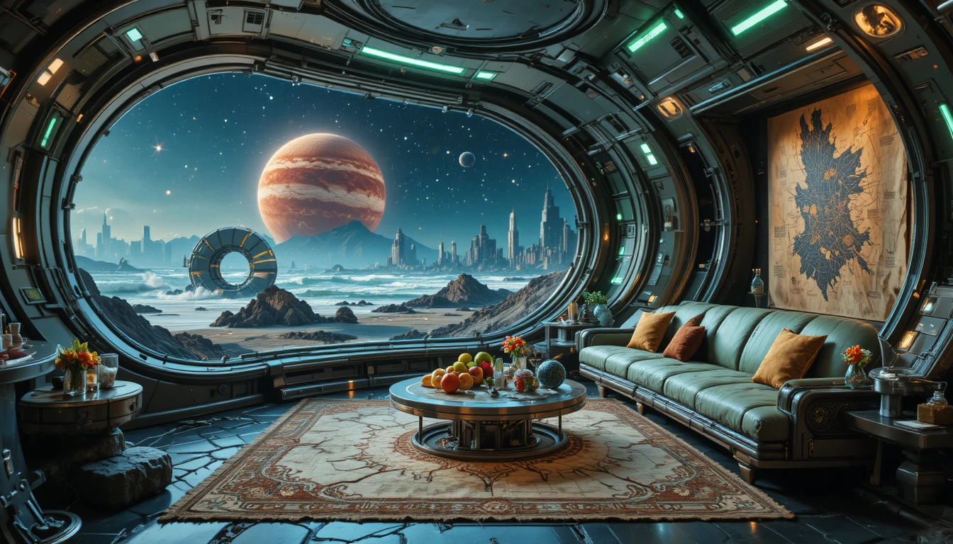 Litoral alienígena sob um colossal planeta vermelho à noite