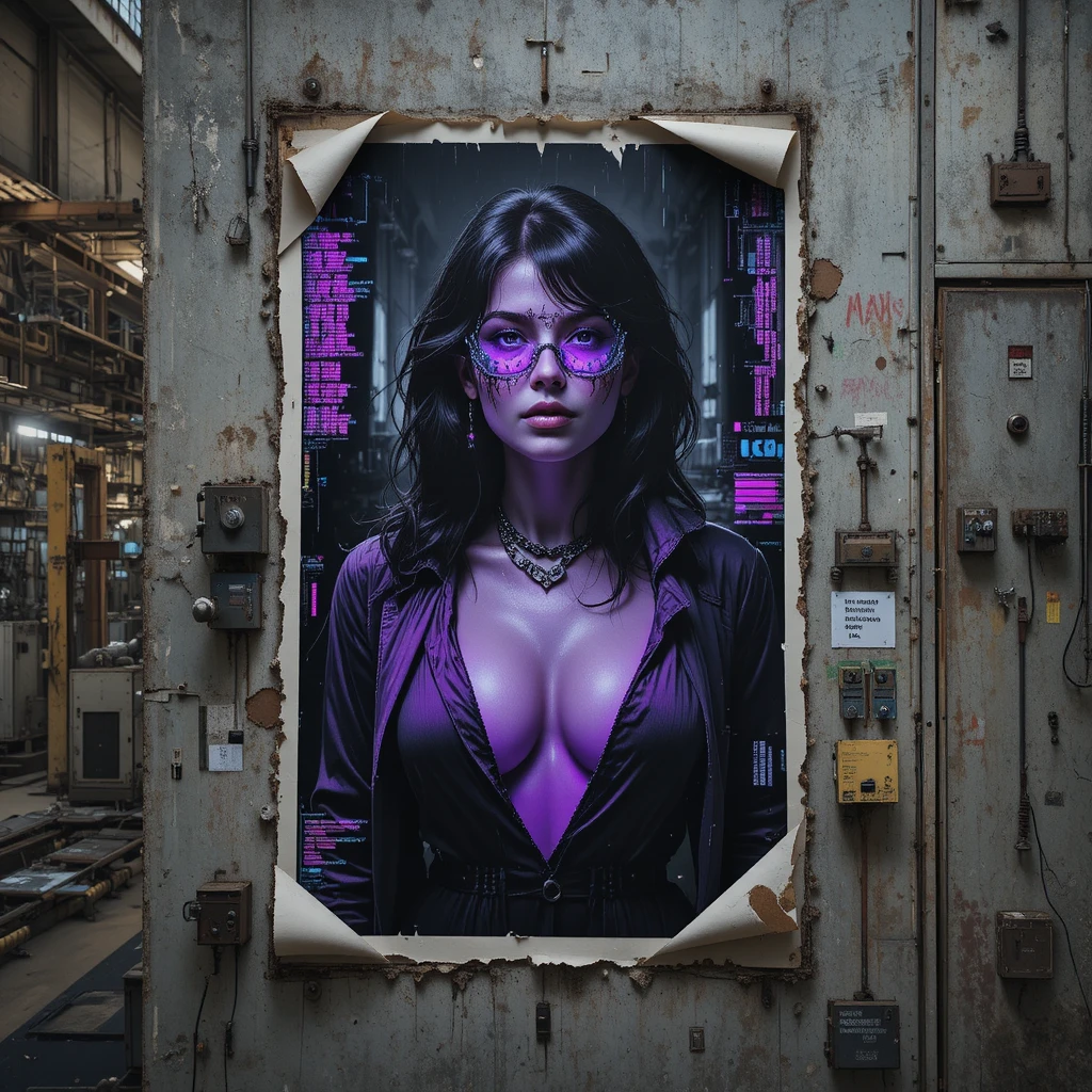 Gros plan d’une femme sur une affiche décatie dans une vaste halle d’usine