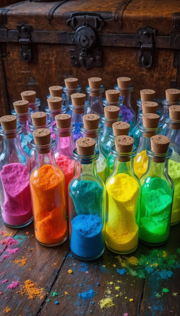 Bottiglie di vetro piene di sabbia colorata su un tavolo di legno rustico