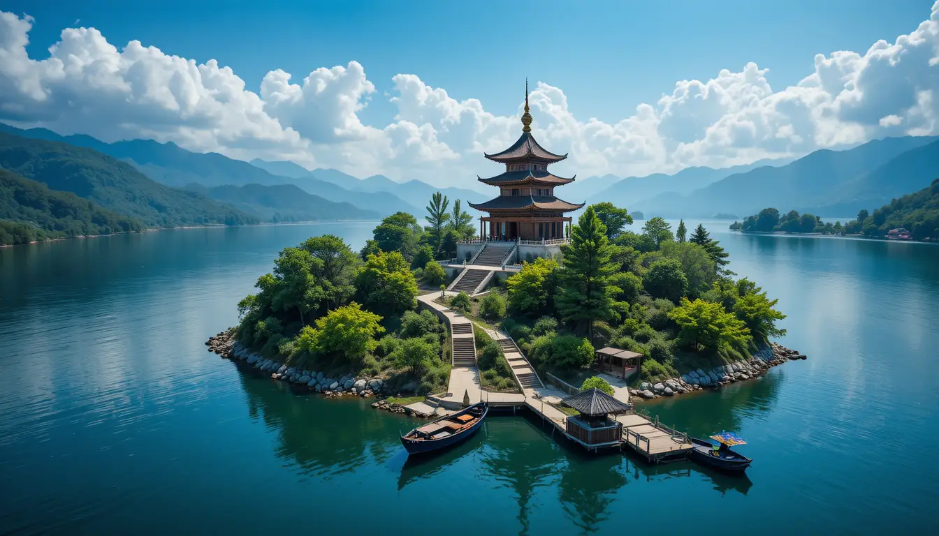 俯瞰寧靜藍色湖面上的小島寺廟