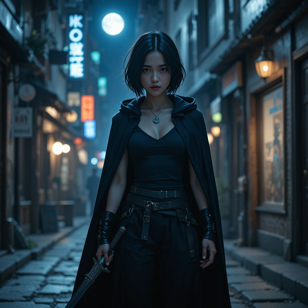 Dark haired warrior woman in a moonlit city alley