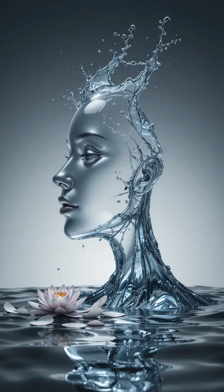 Stylized water splash forming a luminous human facial profile