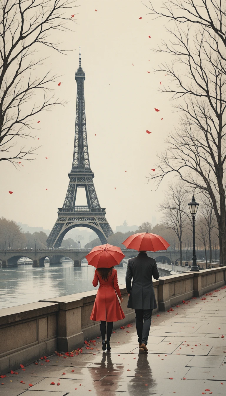 Romantic couple with red umbrellas by the Seine River