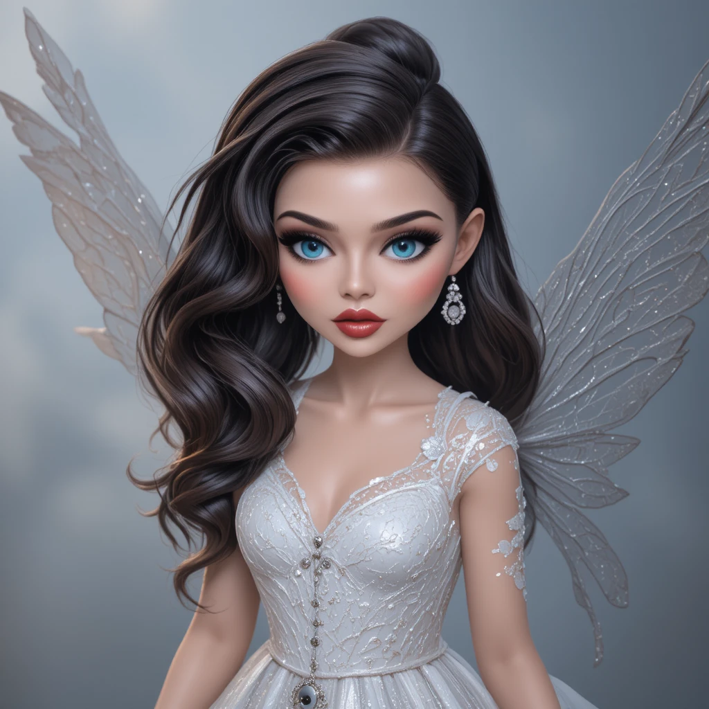 Mystical winged girl in white dress with foggy background