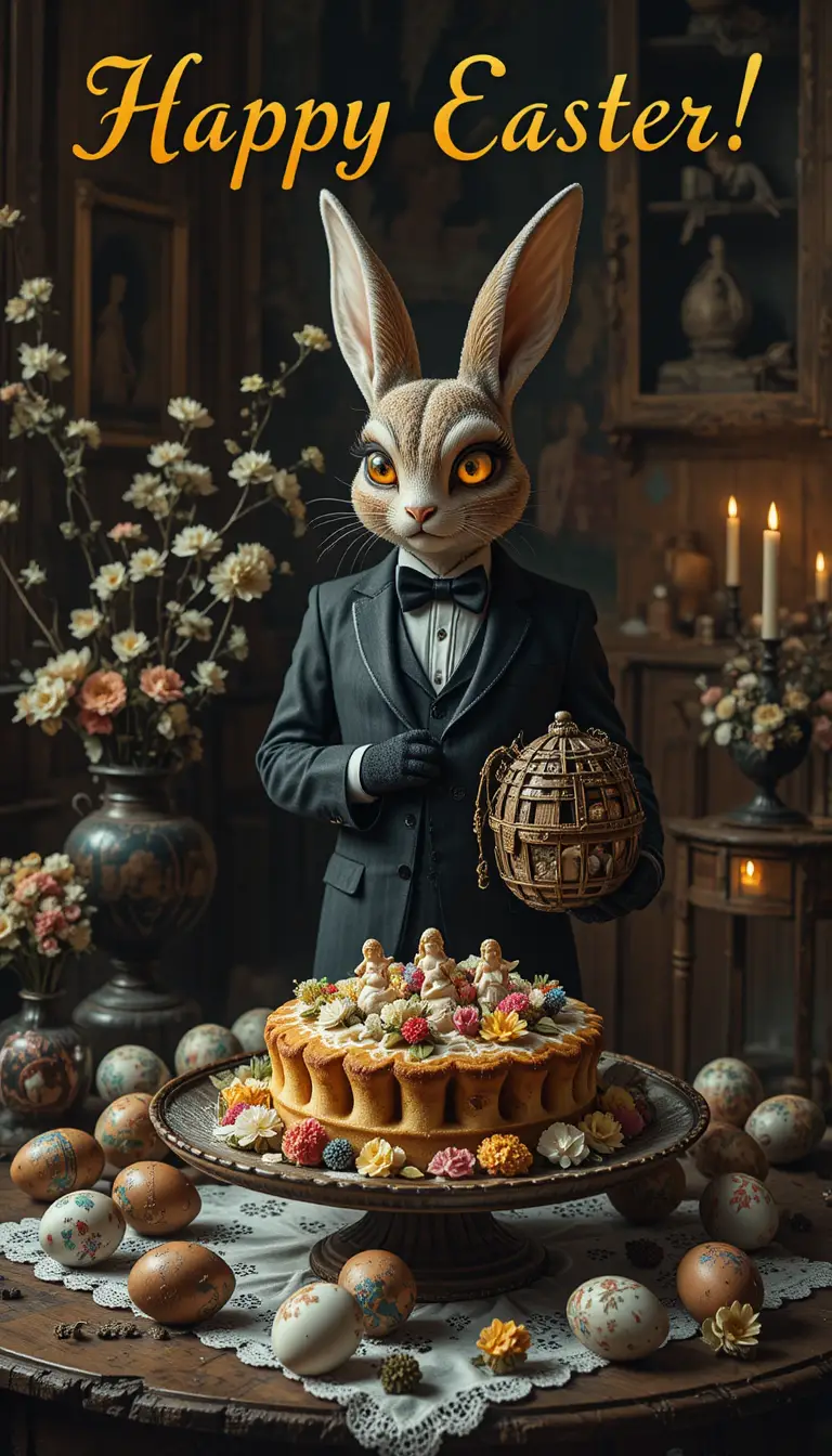 Gâteau de Pâques festif avec fleurs, anges et œufs colorés
