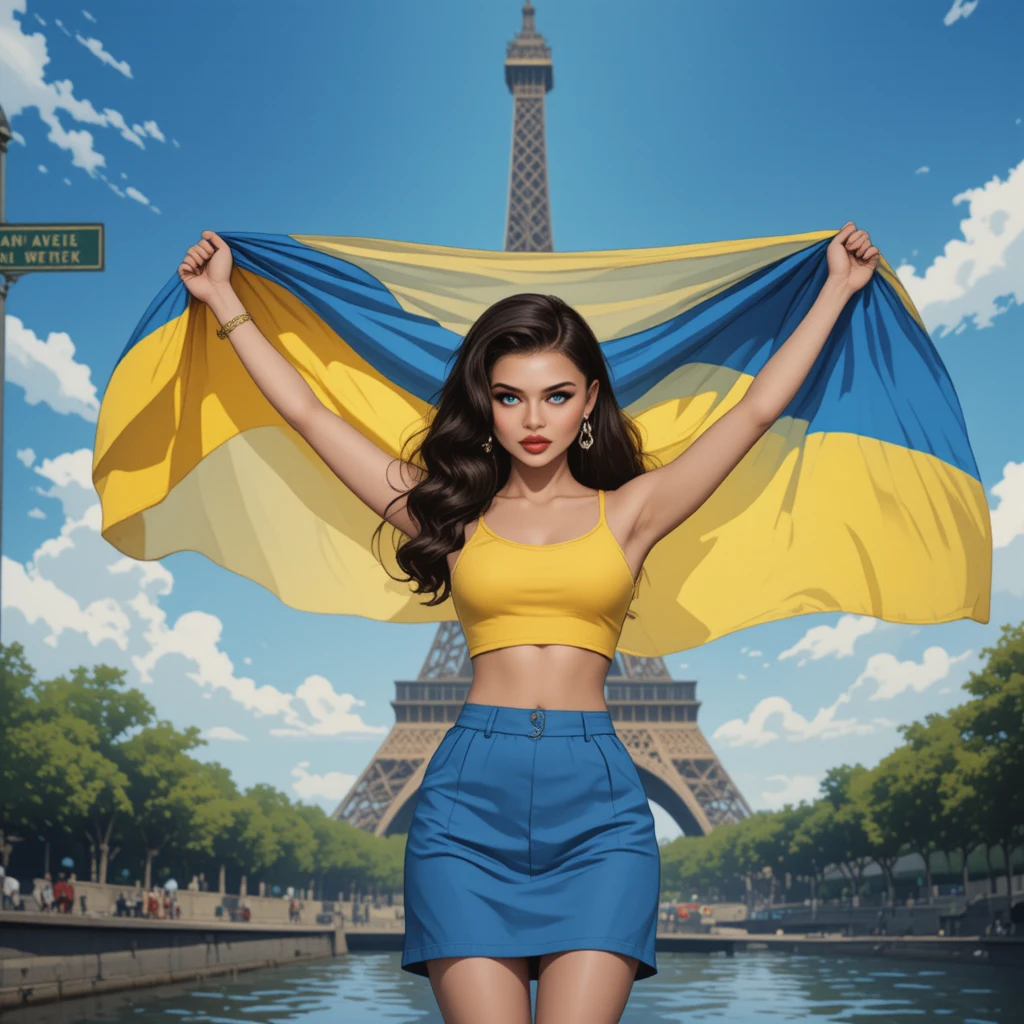 Young woman with Ukrainian flag by the Eiffel Tower