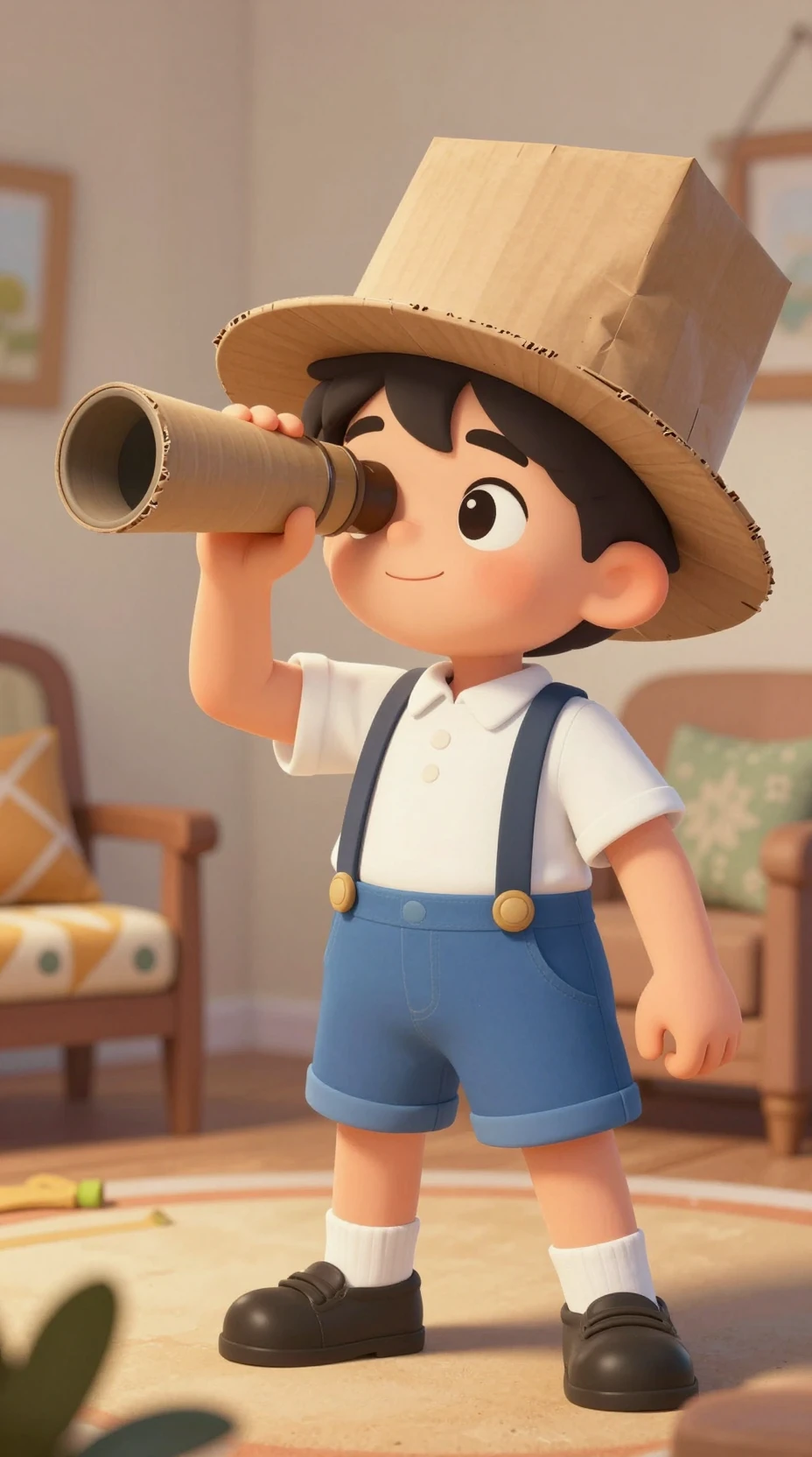 Menino brincando com luneta de papelão dentro de casa