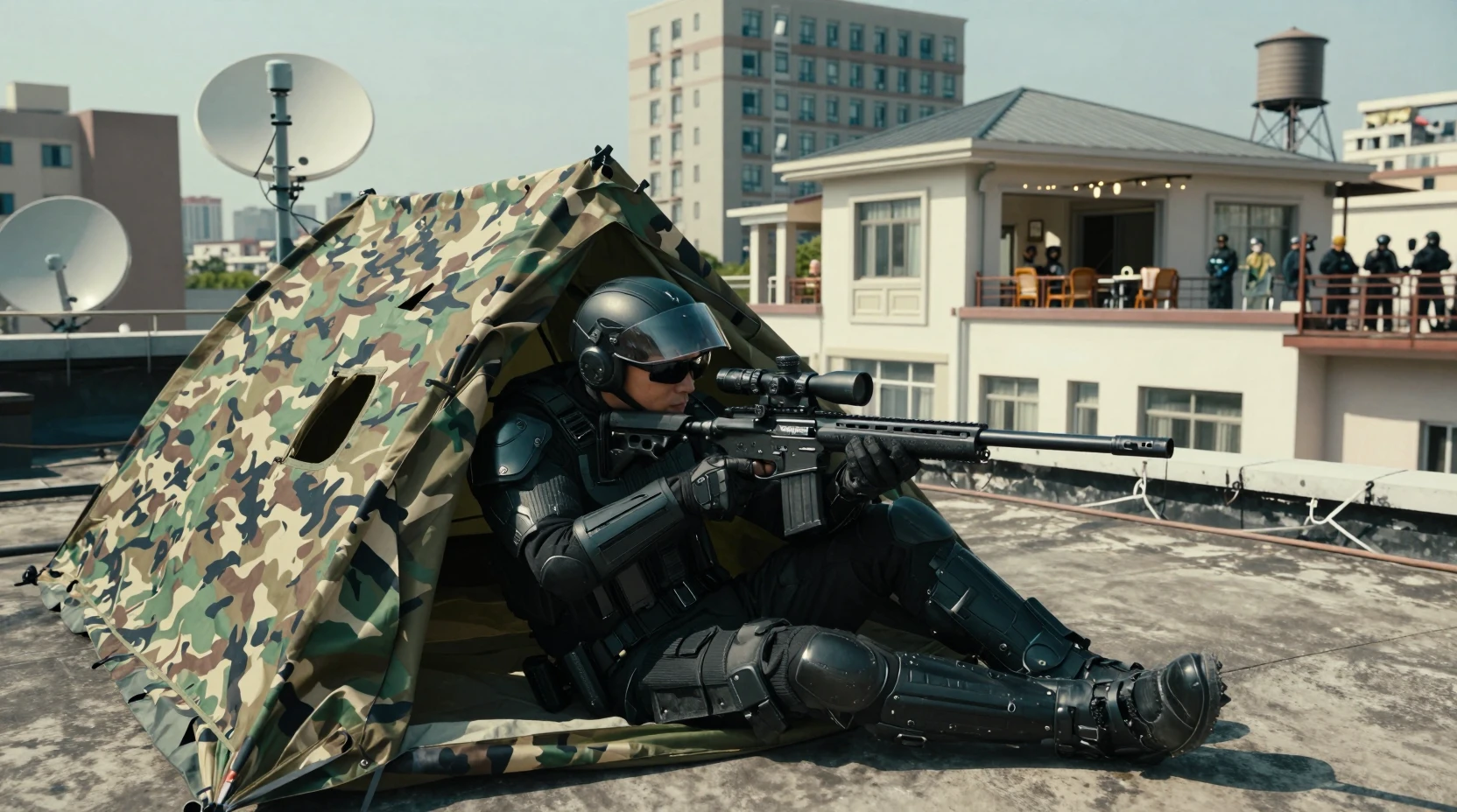Sniper futuriste caché sur un toit urbain sous tension
