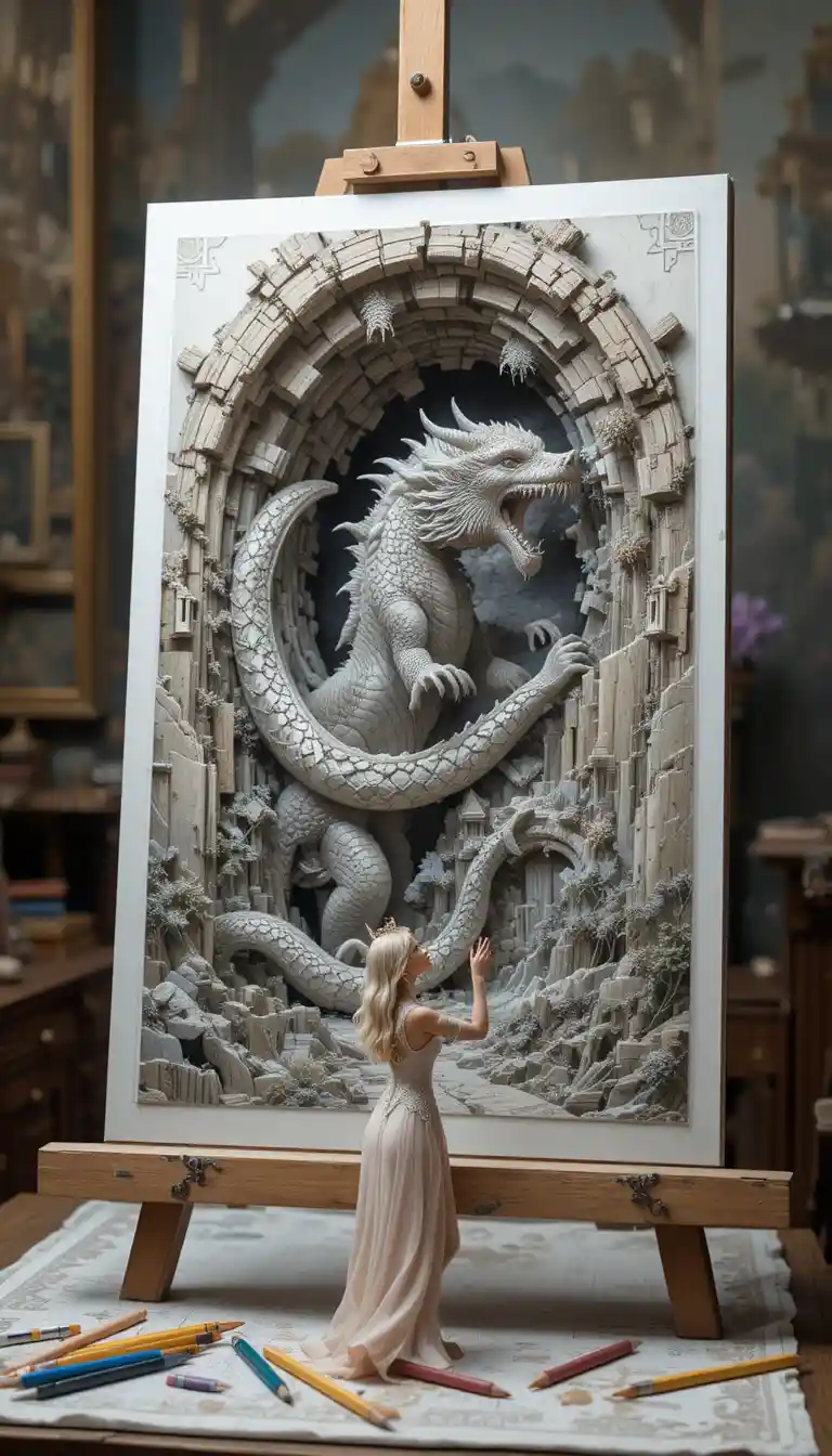 Vue macro d’une minuscule princesse embrassant un dragon sur une œuvre sur chevalet