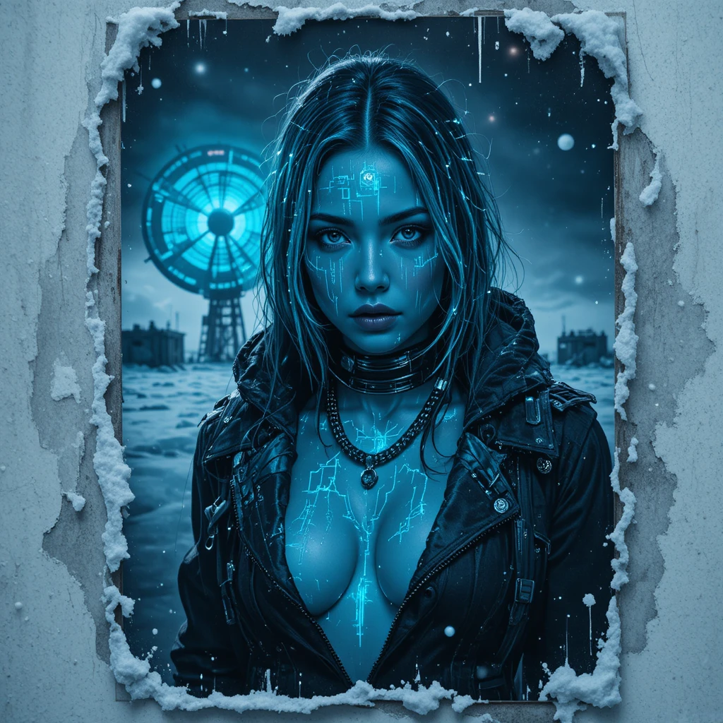 Decayed Arctic Poster With Neon Lit Cyberpunk Woman Portrait