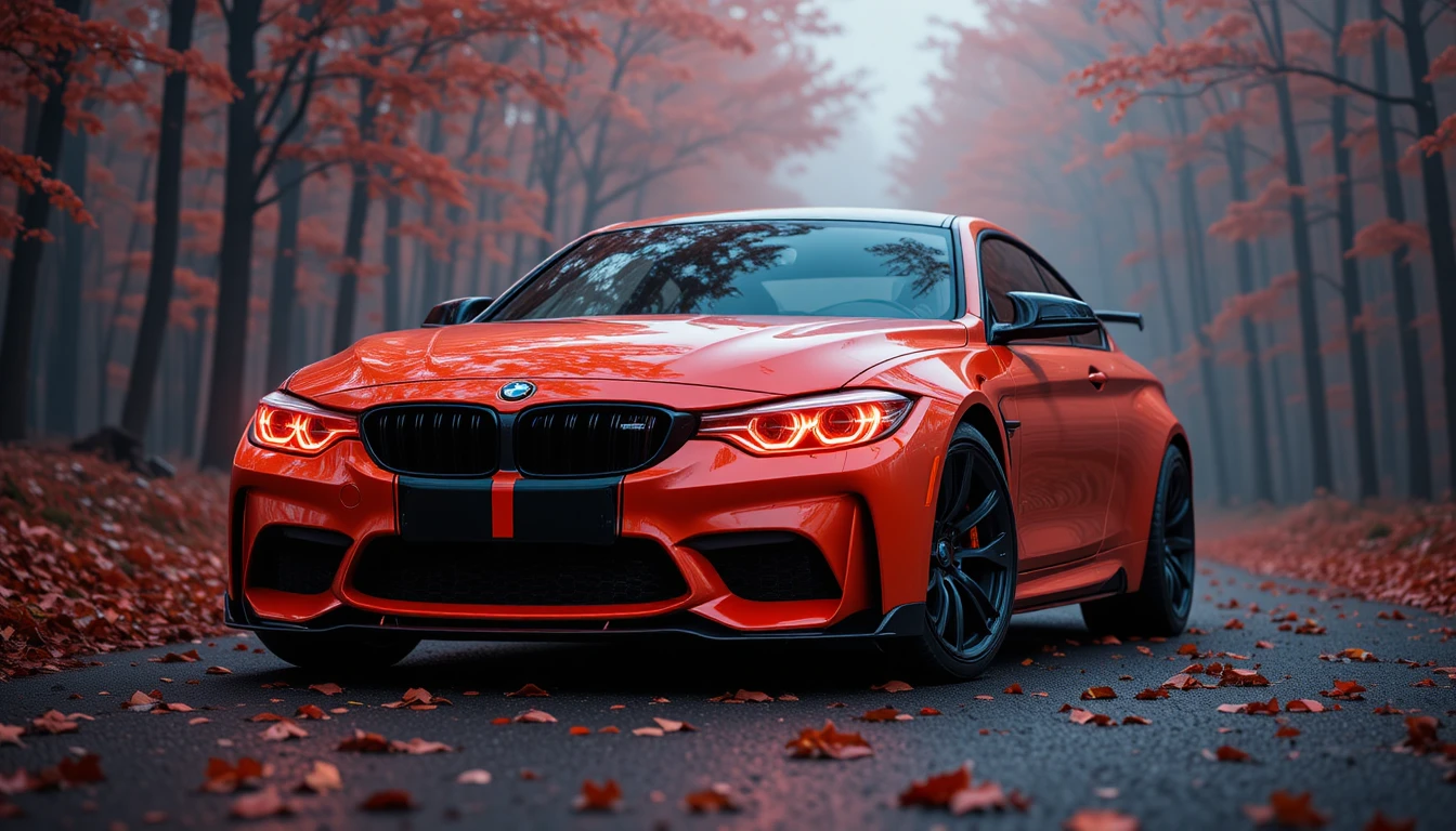Auto sportiva BMW arancione neon su strada forestale nebbiosa