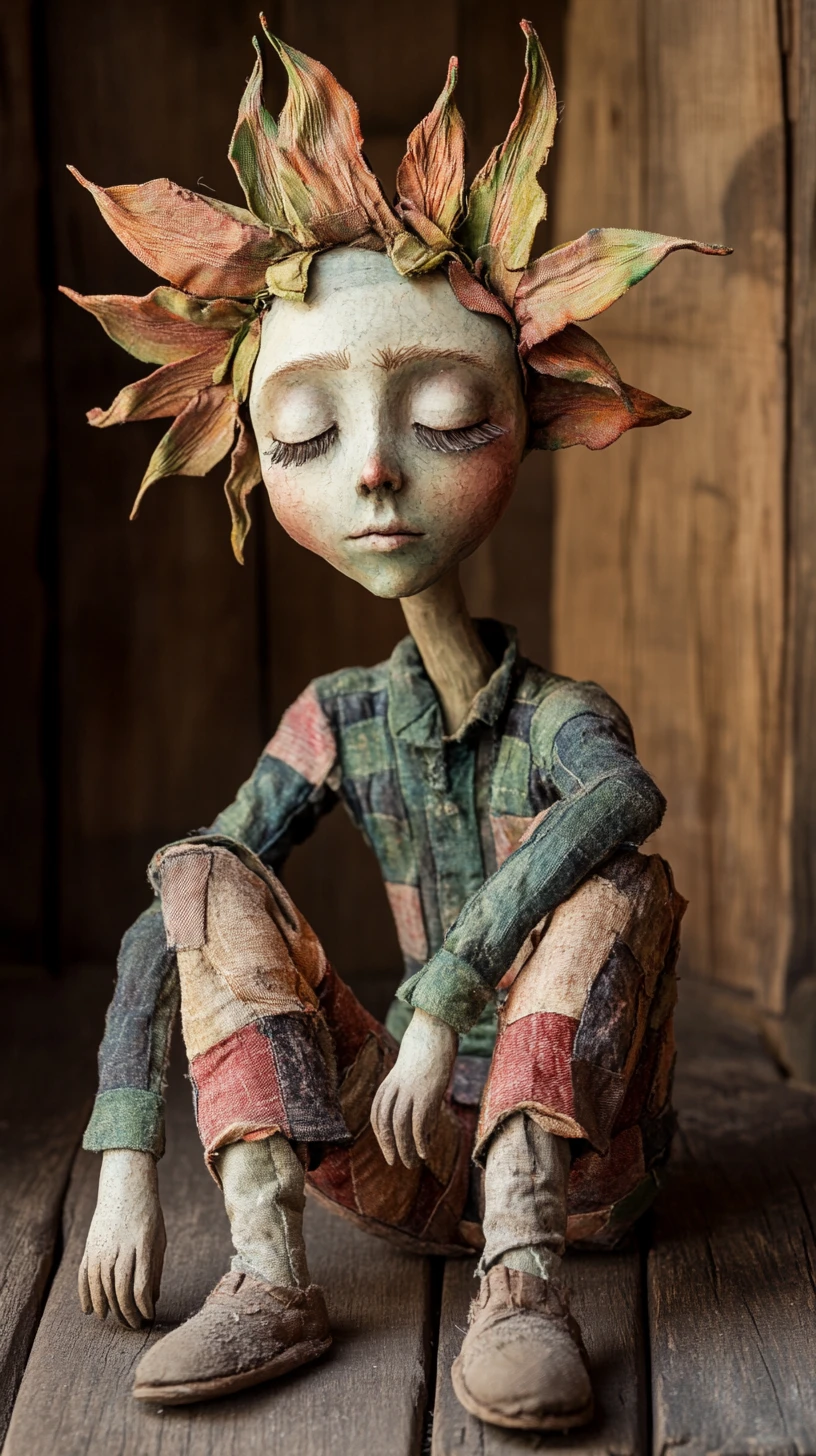 Melancholische surreale Figur mit verwelktem Blumen-Kopf