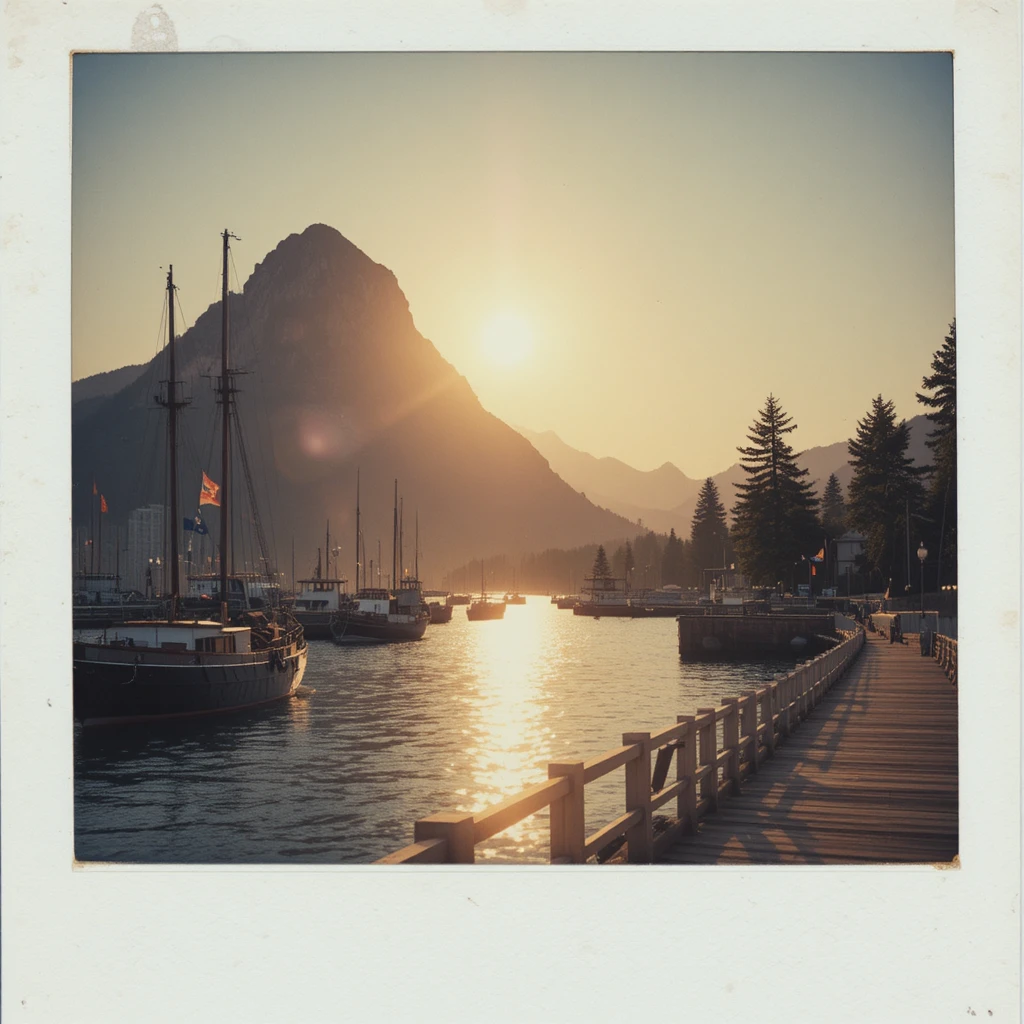 Friedlicher Hafen bei Sonnenuntergang mit Berg und funkelndem Wasser