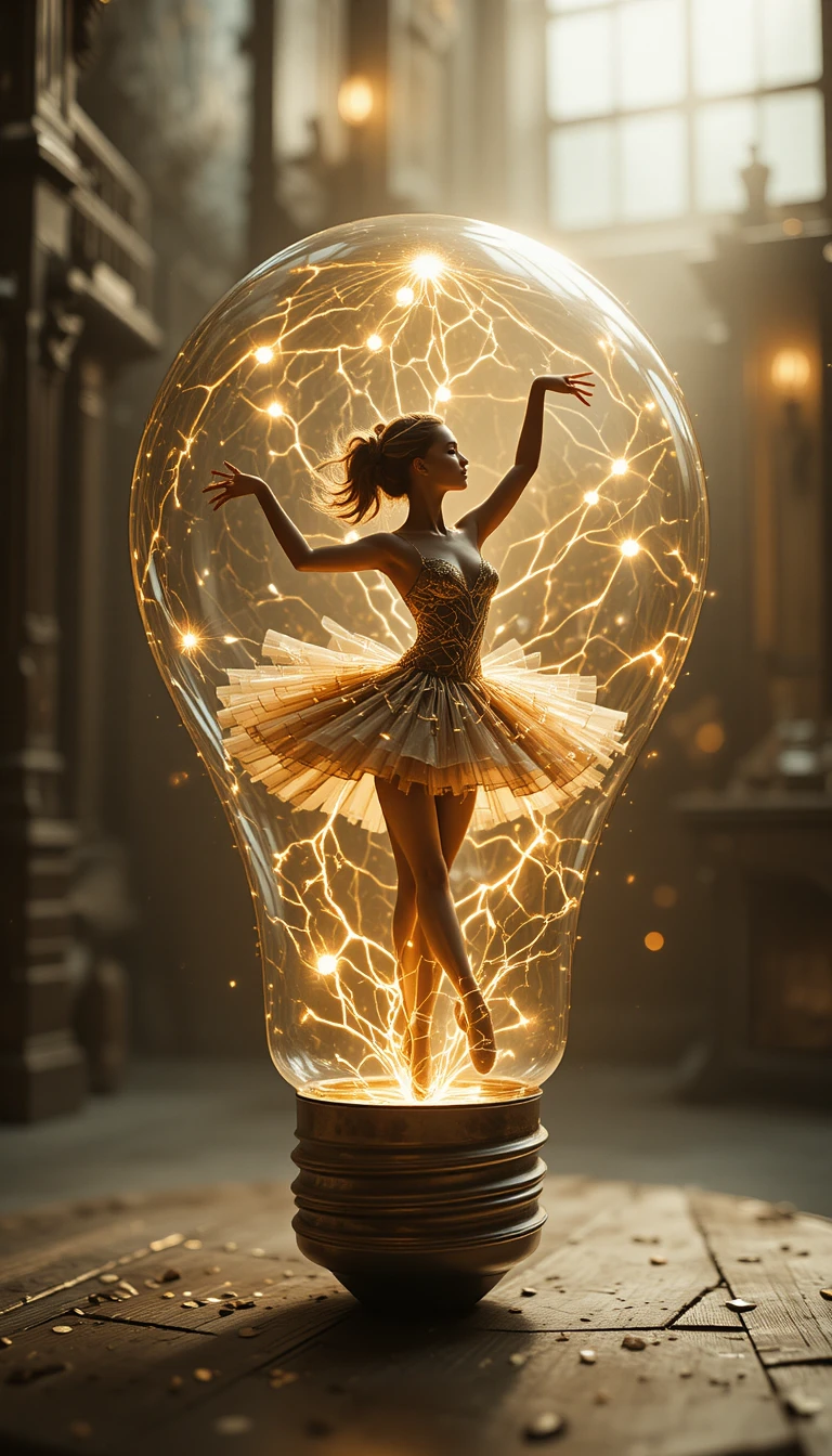 Silhouette di ballerina che danza dentro a una lampadina luminosa