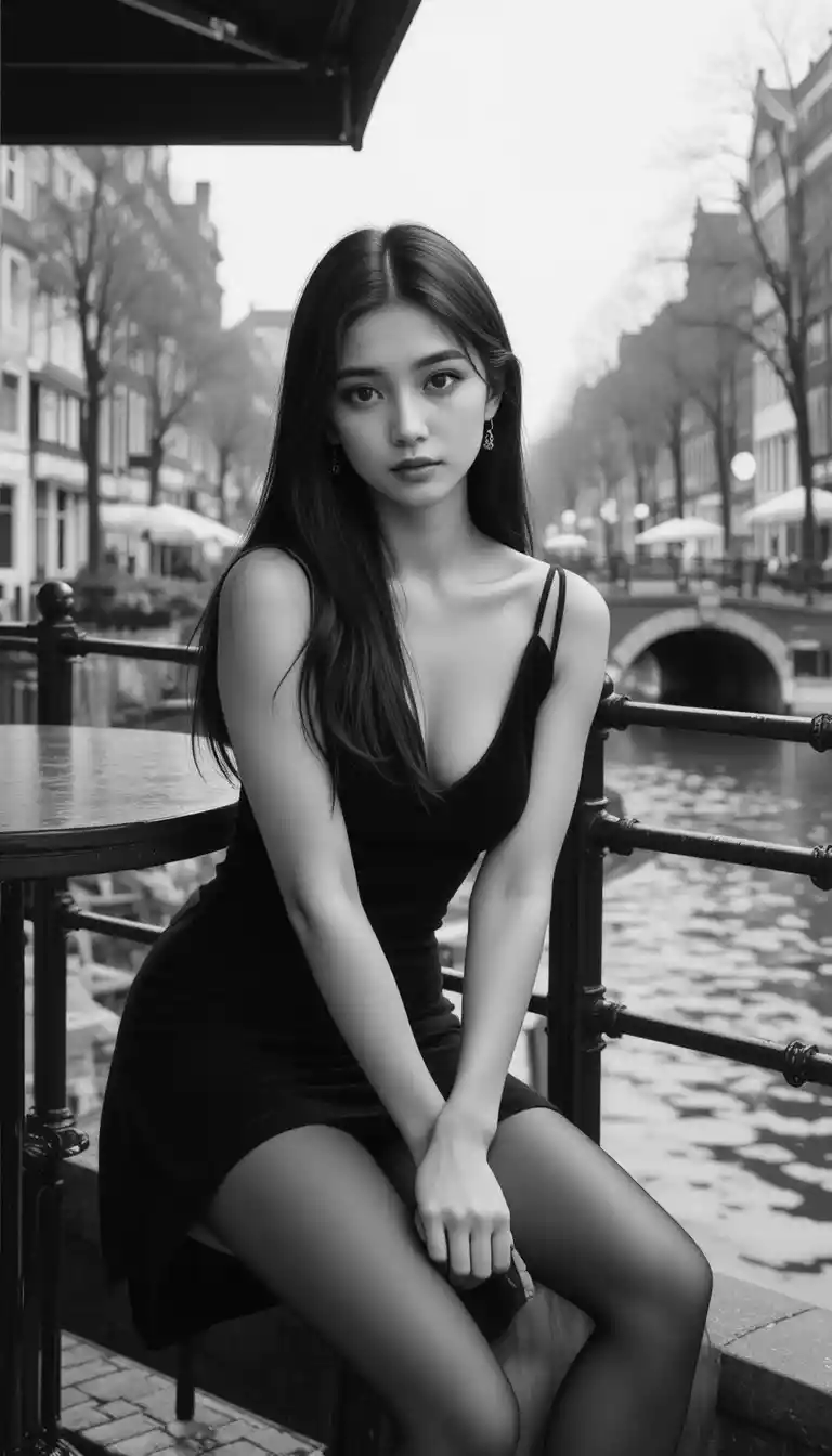 Jeune femme élégante en robe noire dans un café au bord du canal