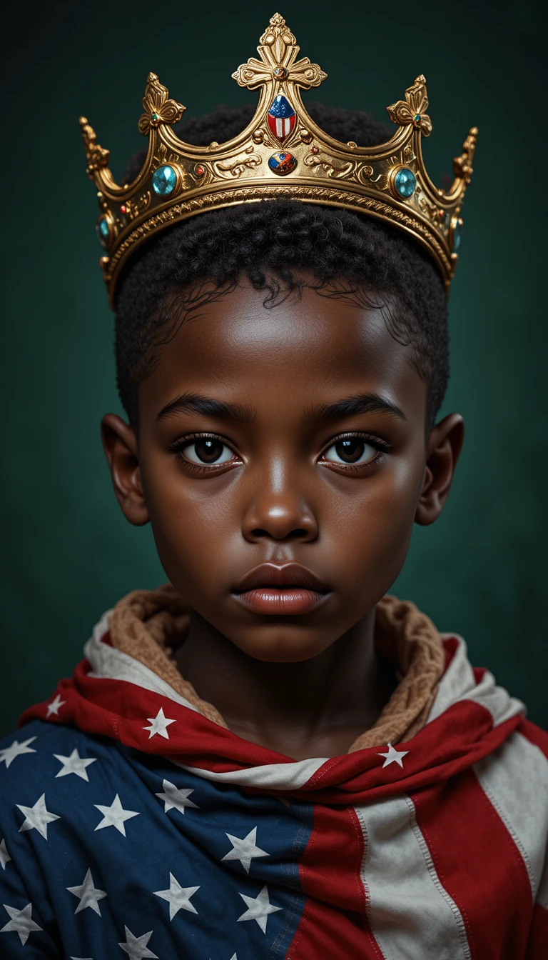 Young boy in gold crown with american flag portrait