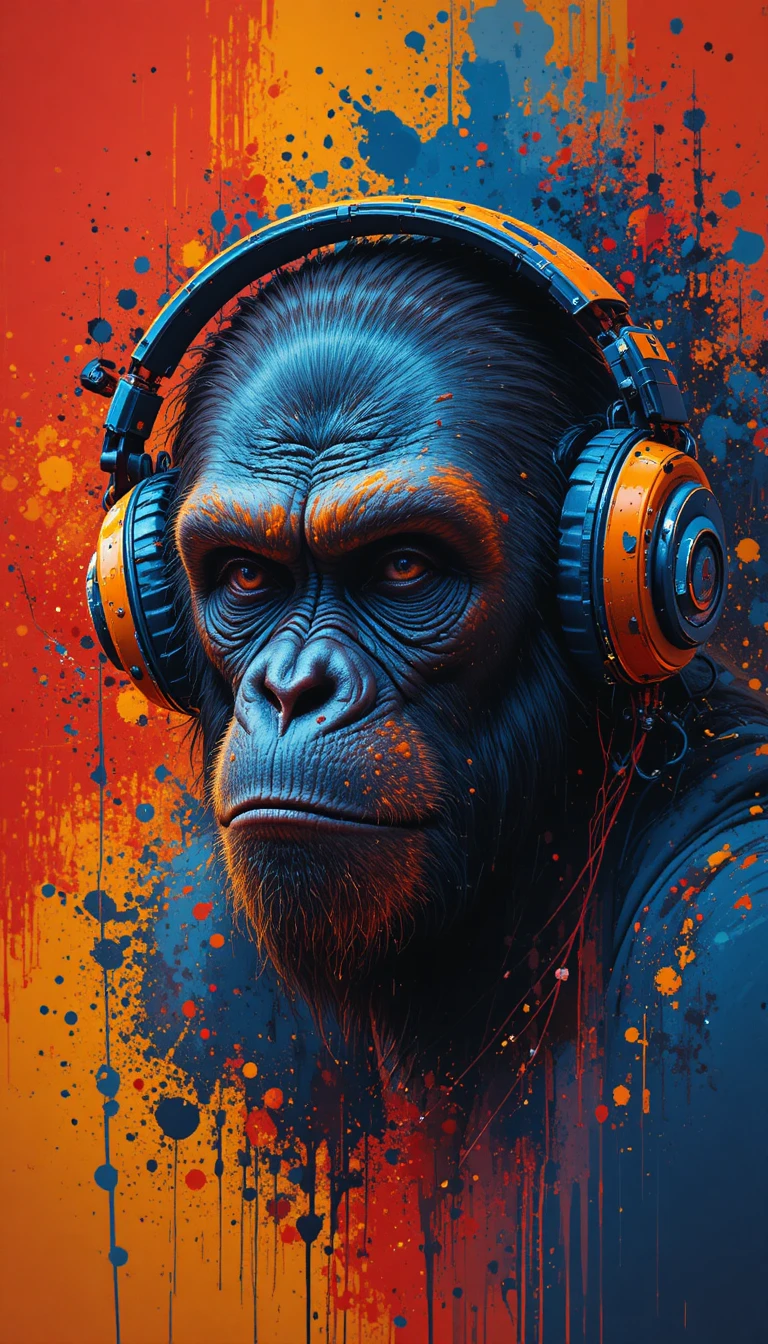 Colorful ape portrait with headphones and abstract splatter background