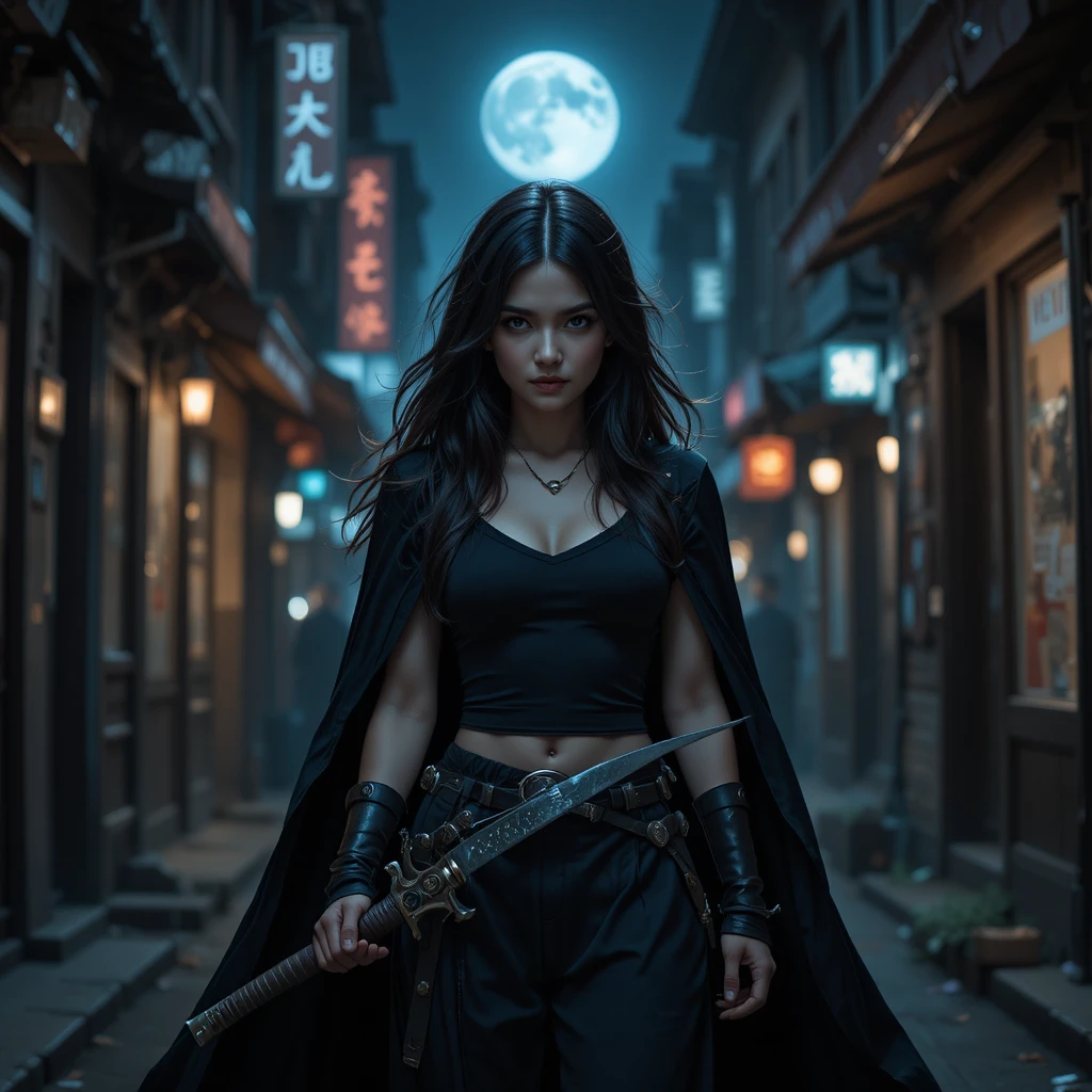 Dark haired warrior woman in a moonlit city alley