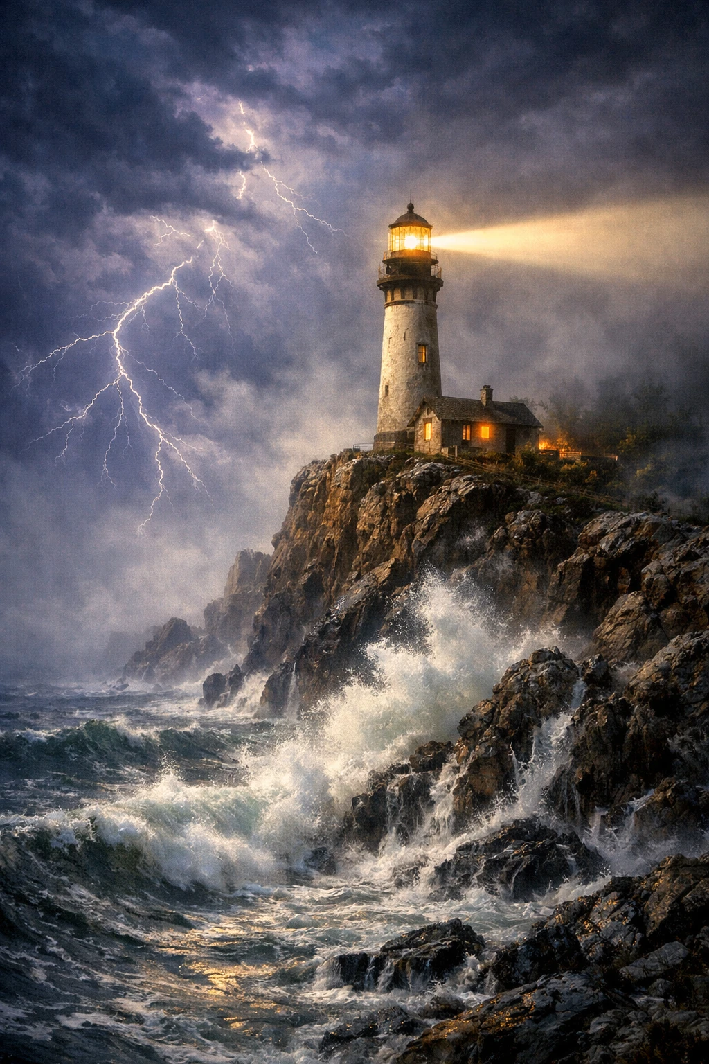 Lighthouse Beacon Shining Through Stormy Foggy Night Sky