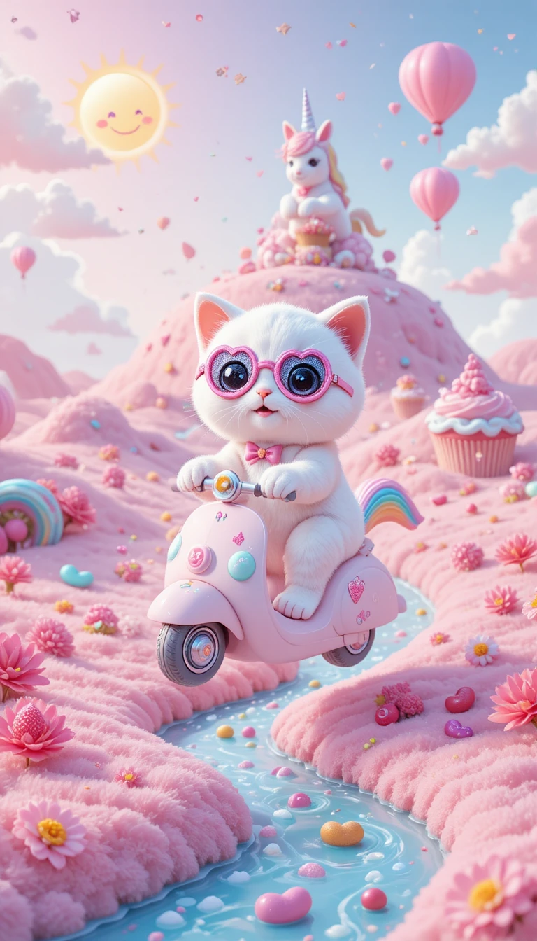 Adorable chaton blanc chevauchant un lapin arc-en-ciel dans les nuages