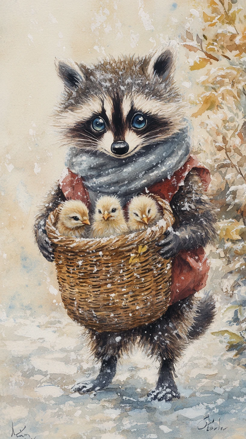 Guaxinim em aquarela com pintinhos em um cesto sobre paralelepípedos nevados