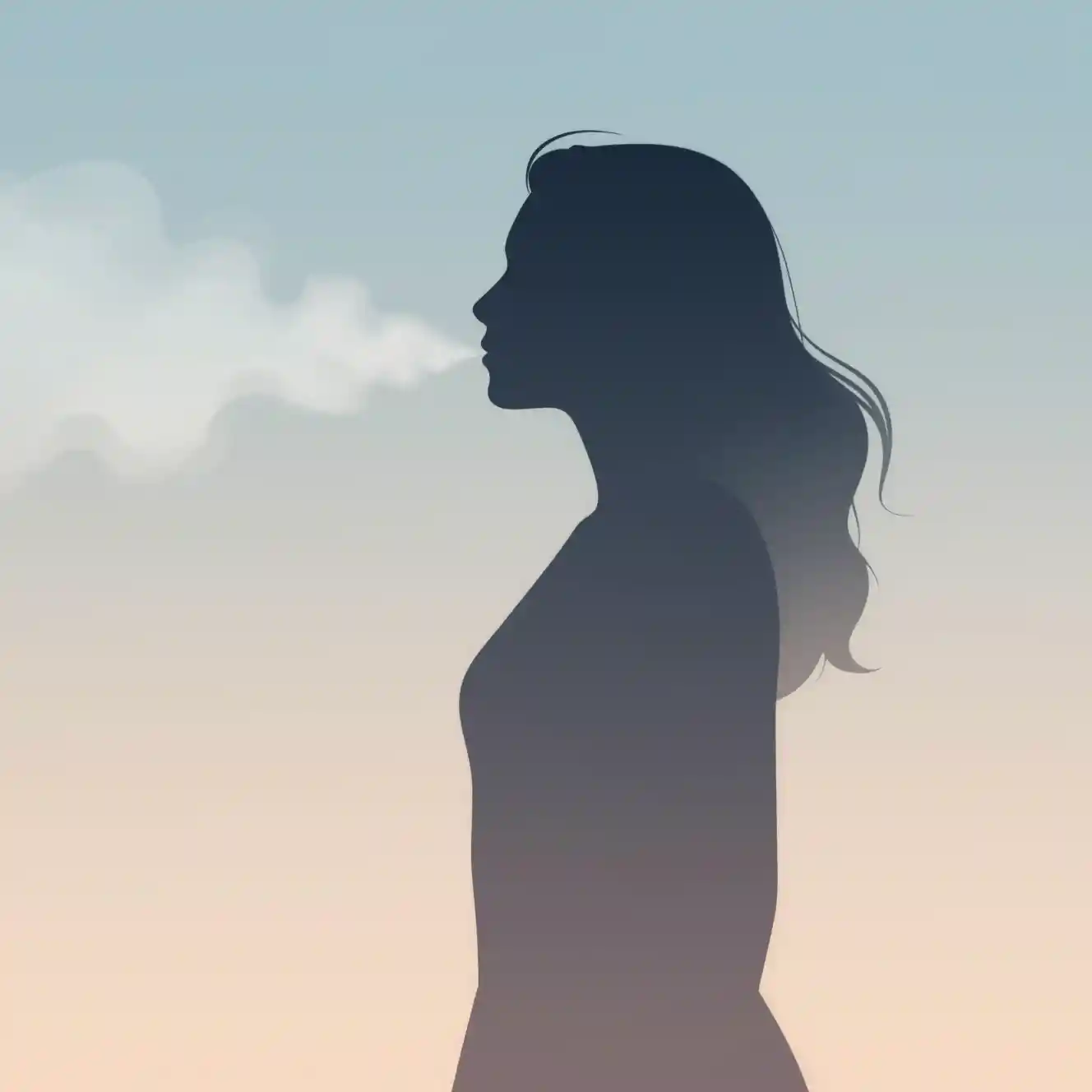 Silhouette di donna di profilo che espira una morbida nebbia dimensionale